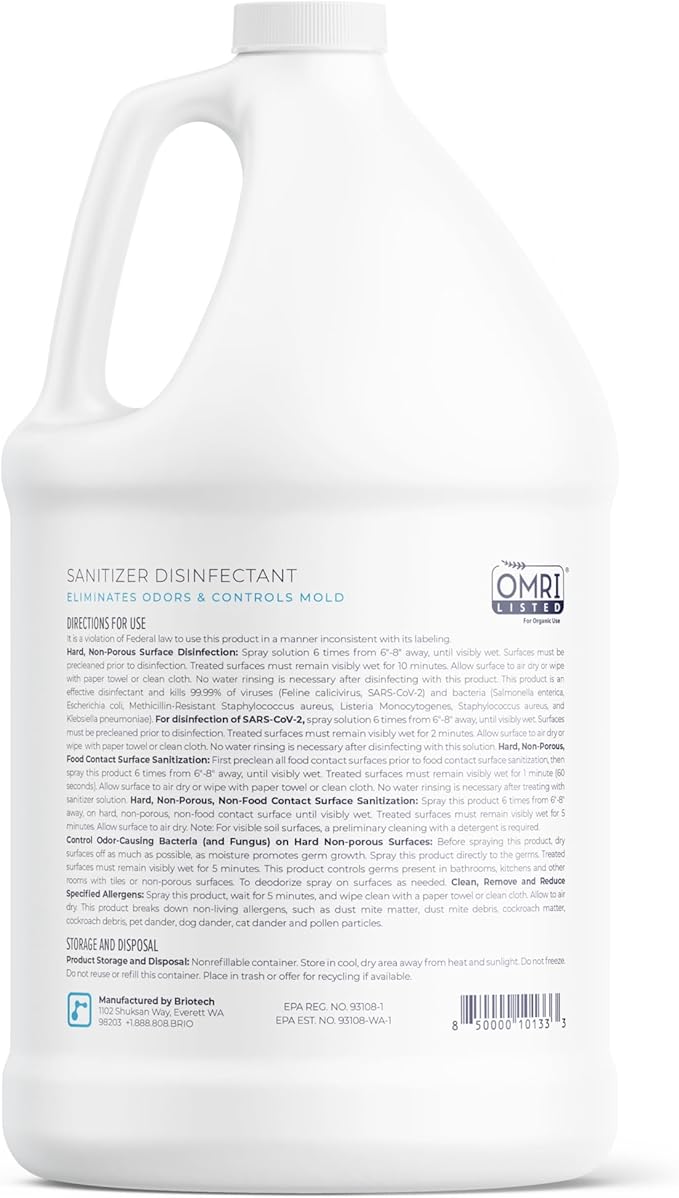 BRIOTECH Sanitizer Disinfectant Hypochlorous Kill 99.99% of Viruses &amp Bacteria Control Mold Eliminate Odor Gentle for Nursery &amp Play Rooms Food Contact Surface Sanitizer 1 Gallon Refill