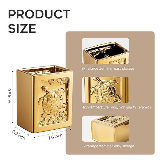 Golden Ceramic Turtle Trash Can - 7L/1.85Gallon Square Garbage Can with Turtle Relief Multi-Use Waste Basket for Kitchen Bathroom Bedroom Office Turtle Decor &amp Small Trash Bin