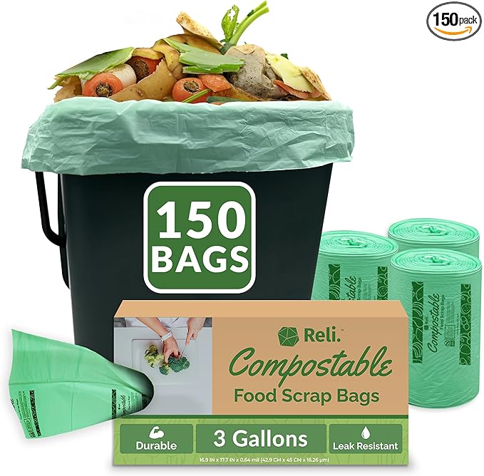 Reli. Compost Bags 3 Gallon (150 Count) | ASTM D6400 | Compostable Trash Bags for Food Scraps | Small Composting Liners for Kitchen Compost Bin/Countertop Bin | Green Eco for Food Waste 3 Gal