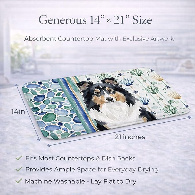 Caroline's Treasures Tricolor Sheltie Coastal Sea Glass Dish Drying Mat Absorbent Dish Drying Mat Pad for Kitchen Counter Dish Drainer Mat for Countertop 14 x 21 Multicolor