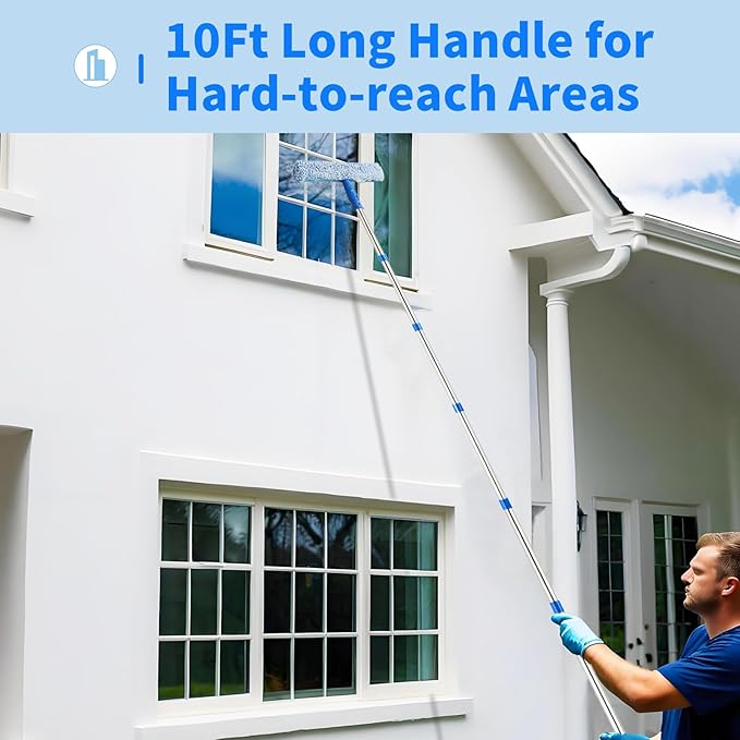 10Ft Window Cleaning Kit with Extension Pole 14 Squeegee and 15 Scrubber with Long Handle Window Cleaner Tool Washing Equipment for Outdoor High Windows Glass