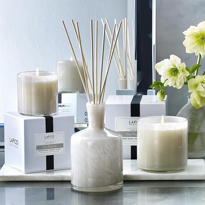 LAFCO New York Signature Reed Diffuser Star Magnolia - 15 oz - Up to 9 Months Fragrance Life - Reusable Hand Blown Glass Vessel - Natural Wood Reeds - Made in The USA