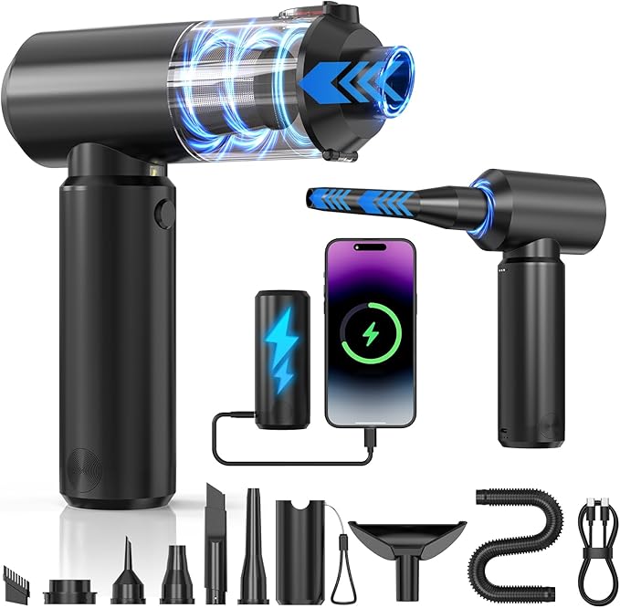 Cordless Handheld Vacuum with 6000mAh Power Bank &amp LED Light – 3-in-1 Car Vacuum Air Blower &amp Phone Charger 20000Pa Strong Suction 1lb Mini Vacuum for Car Home Pet Hair &amp Travel