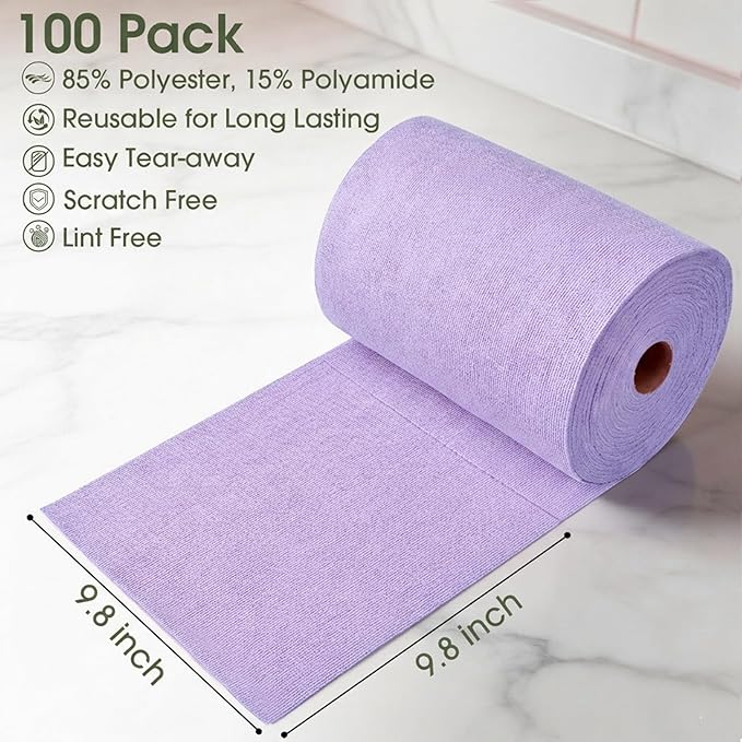 Microfiber Cleaning Cloth Roll - 100 Pack Tear Away Microfiber Paper Towels Reusable Washable Scratch-Free Kitchen Towels for Car Home Kitchen Glass Dishes (Light Purple)