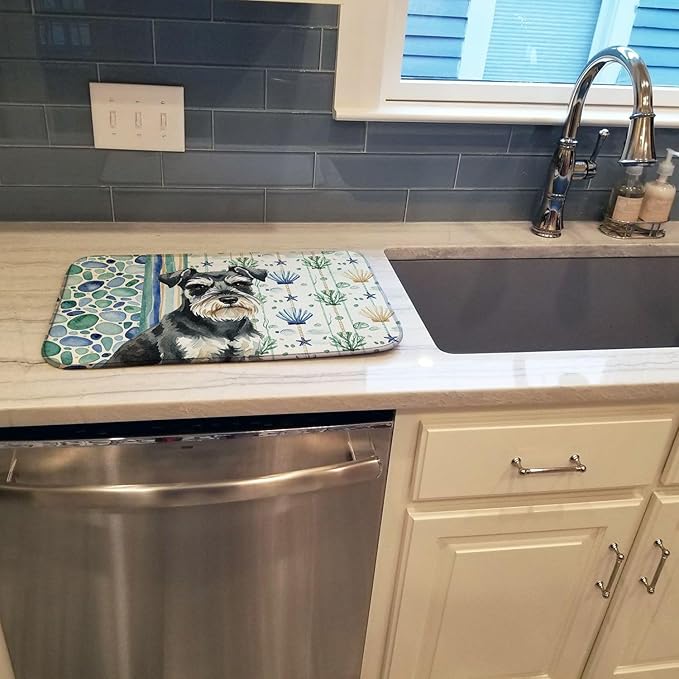 Caroline's Treasures Black &amp Silver Miniature Schnauzer Coastal Sea Glass Dish Drying Mat Absorbent Dish Drying Mat Pad for Kitchen Counter Dish Drainer Mat for Countertop 14 x 21 Multicolor
