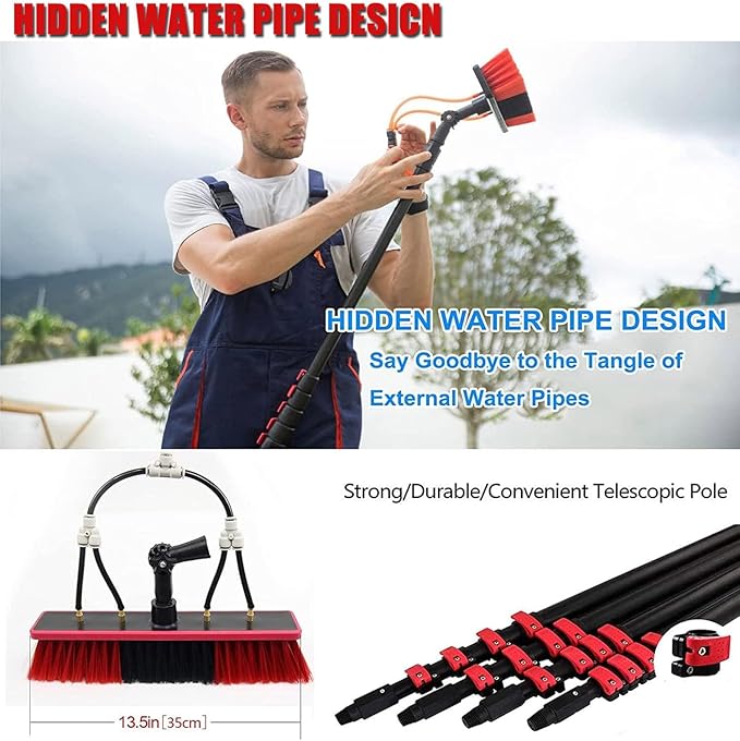 12-36ft Aluminum Alloy Retractable Rod Adjustable Water Fed Pole Cleaning Kit Outdoor Window Cleaner Solar Panel Cleaning and Washing Tool W/Water Fed Telescopic Brush6m