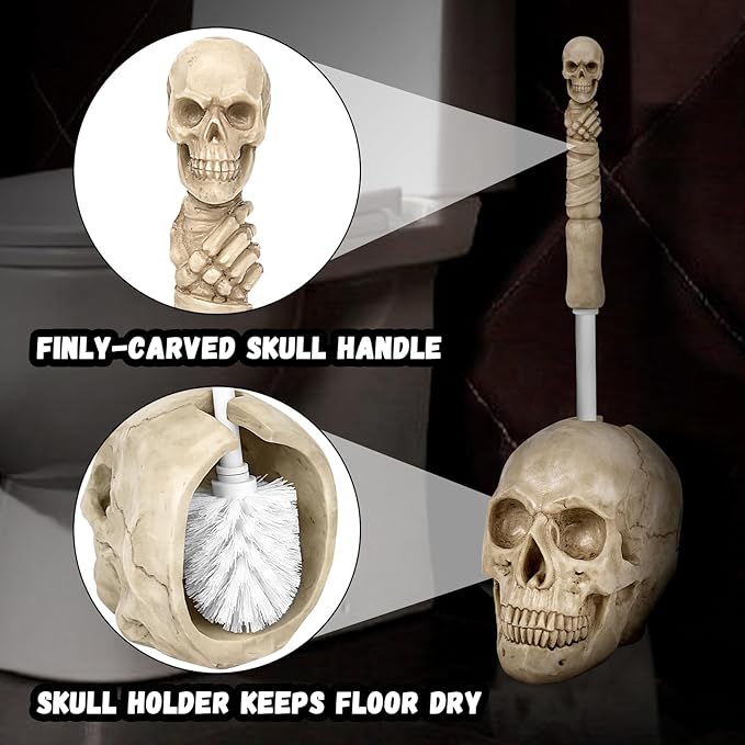Toilet Brush and Holder Set for BathroomSkullduggery Skeleton Gothic Bathroom Decor Toilet Bowl Brush SetSpace Saving for Storage Drip-Proof Easy to Assemble Deep Cleaning