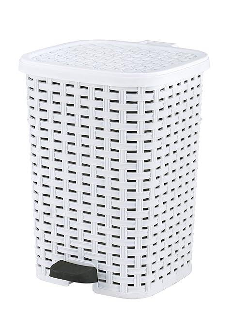 Superio Small Outdoor Trash Can with Lid for Dog Poop 3 Gallon/12 L Mini Plastic Garbage Can with Foot Pedal for Bathroom Bedroom Office Patio Wicker White