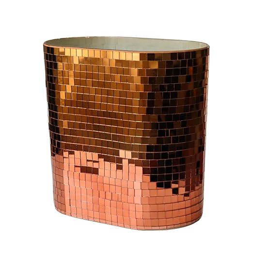 WDHODEC Rose Gold Mosaic Waste Basket (9.8 Tall) | Narrow Oval Decorative Trash Can for Bathroom Vanity &amp Toilet Side | Luxury Handcrafted Mirror Accent Dual-Use Flower Vase