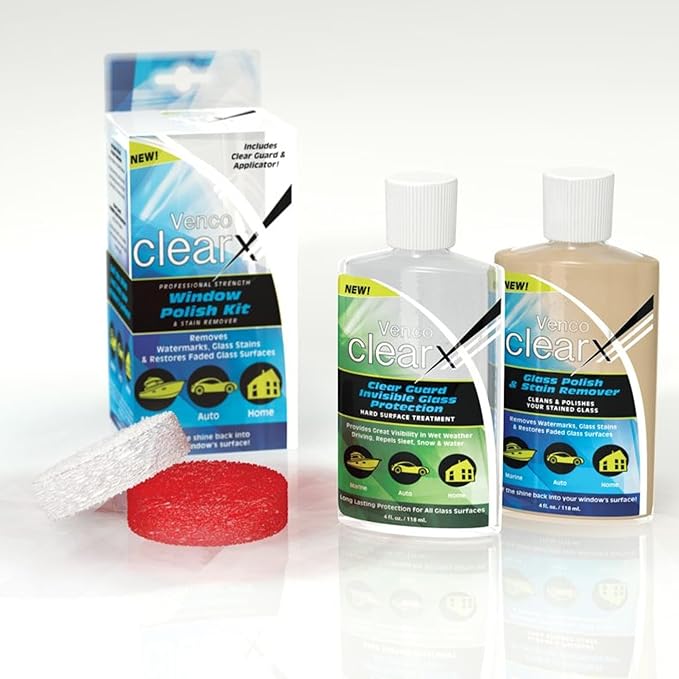 Venco Clear X Multi-Surface Glass Polish - Advanced Oxidation &amp Water Spot Remover with Clear Guard Technology - Perfect for Yachts Home Windows RVs &amp Car Windshields - Made in the USA - 4oz