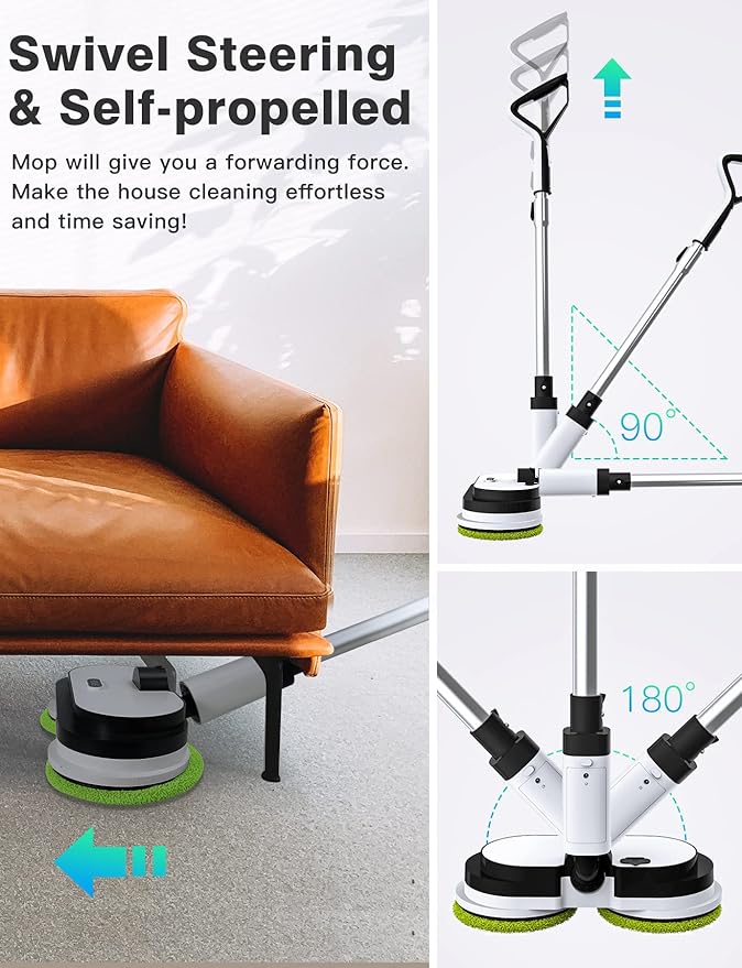 Cordless Electric Mop Floor Cleaner with LED Headlight &amp Water Sprayer Up to 60 Mins Detachable Battery Dual-Motor Powerful Spin Mop 300ML Water Tank for Multi-Surface Self-Propelled