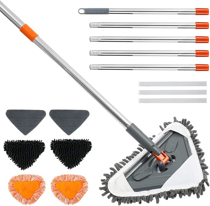 85 in Wall Cleaner Mop with Handle Adjustable Ceiling Cleaning Mop with 6 Replaceable Mop Cloth 360° Rotating Ceiling Dust Cleaner Reusable Baseboard Cleaning Tool Dry and Wet Use for Window W