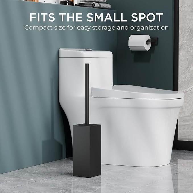 FORIOUS Toilet Brush and Holder Set Heavy Duty 304 Stainless Steel Base Square and Long Handle for Bathroom Deep Cleaning Drip-Proof Space Saving for Storage 2 Toilet Bowl Brush Head Black