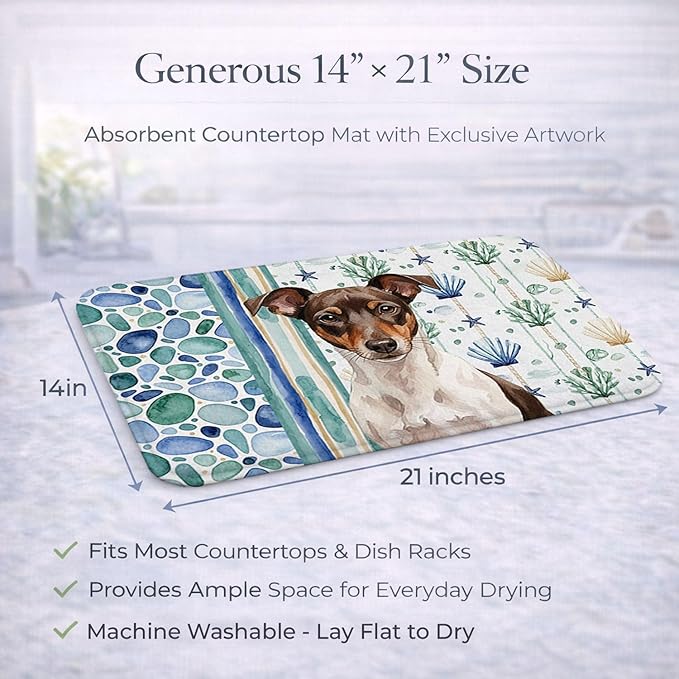 Caroline's Treasures Chocolate and White Rat Terrier Coastal Sea Glass Dish Drying Mat Absorbent Dish Drying Mat Pad for Kitchen Counter Dish Drainer Mat for Countertop 14 x 21 Multicolor