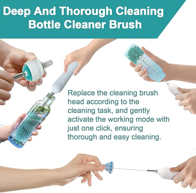 Electric Baby Bottle Brush With Holder Stainless Steel Automatic Cleaner With Extension Handle Sponge Silicone Water Cleaner Nipple and Straw Brush - Green