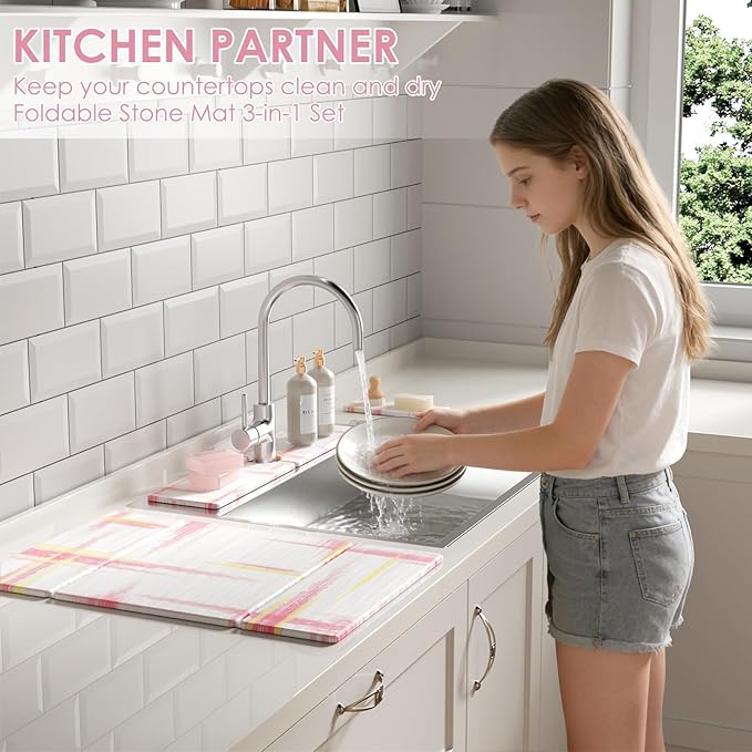 3 PCS Large Stone Dish Drying Mat for Kitchen Counter -24x16 Absorbent Diatomaceous Earth Mat with Stone Faucet Mat &amp Soap Tray - Quick Dry Collapsible Non-Slip Countertop Organizer