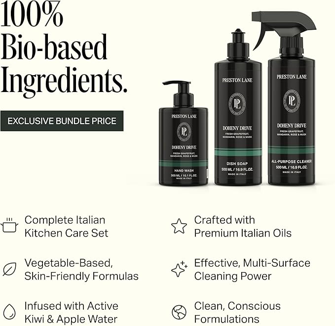 Preston Lane Luxury Kitchen Set – Hand Wash Dish Soap &amp All-Purpose Cleaner | Plant-Powered Cleaning Essentials Bundle with Fine Italian Fragrance Doheny Drive Scent