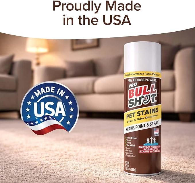 Bull Shot Pet Pro Stain Remover AS SEEN ON TV Urine &amp Odor Emulsifier Enzyme-Powered Professional Strength Foam for Urine Feces Vomit Odors Dirt On Carpet Area Rugs Upholstery Old Stains