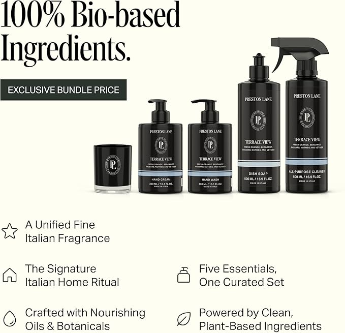 Preston Lane Signature Home Set – All Purpose Cleaner Dish Soap Hand Wash Hand Cream &amp Scented Candle | Plant-Powered Cleaning &amp Care Essentials with Fine Italian Fragrance Terrace View