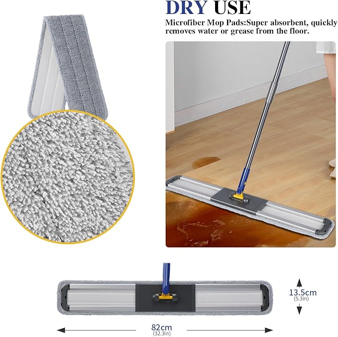 36 Commercial Mop for Floor Cleaning Masthome Heavy Duty Industrial Mop with 3 Pads Professional Microfiber Mops with 60'' Long HandleLarge Dust Mops for Office Garage Warehouse Factory Mall(Blue)
