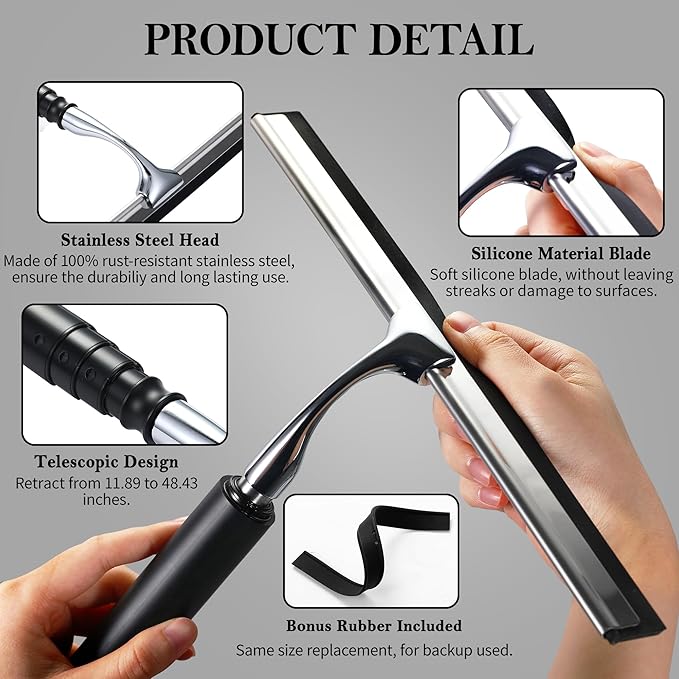 2 in 1 Window Squeegee Shower Squeegee Window Cleaning Kit with Extension Pole Long Handle Squeegee for Shower Glass Floor Bathroom Home Outdoor 12 inch Wide Black
