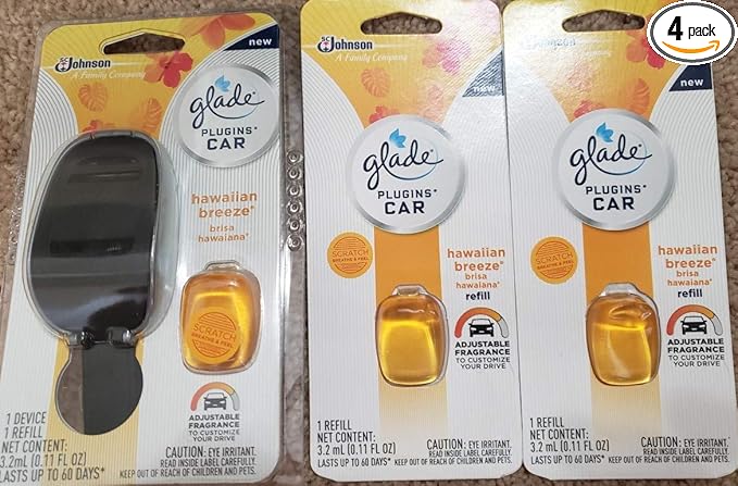 4 UNITS Glade plugins CAR air freshener Starter device + 3 Refills HAWAIIAN BREEZE3