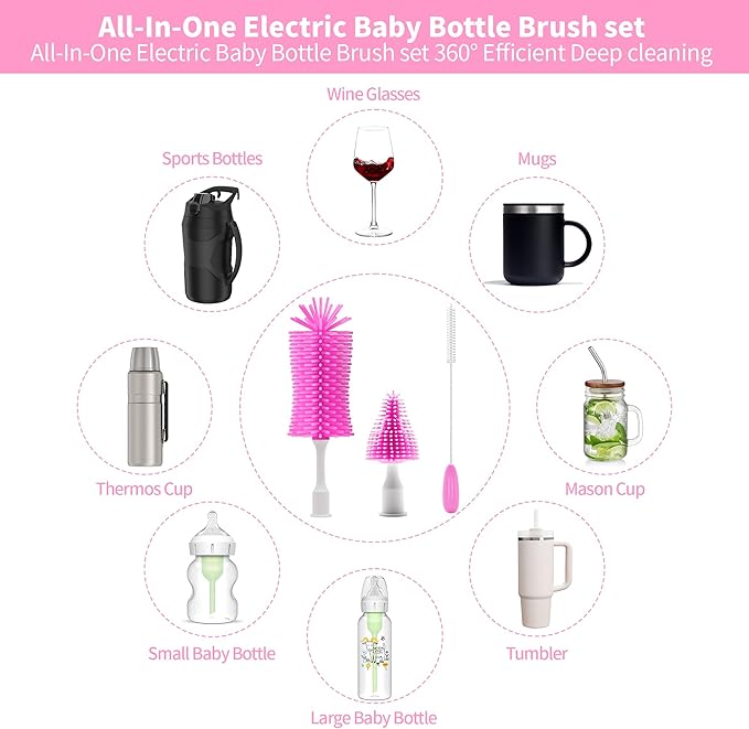 Electric Bottle Brush Cleaner Portable Electric Baby Bottle Brush Cleaner for Travel Rechargable Travel Bottle Cleaner Kit with Nipple &amp Straw Brush Perfect Mom Essentials After Birth Gift Pin