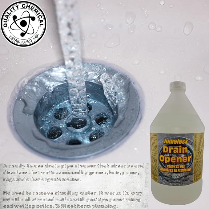 Quality Chemical Fumeless Drain Opener - Fast Acting Clog Remover and Declogger - Professional Strength - for Bathtub Kitchen Sink Drano Hair Clog Remover - Drain Cleaner 128 oz (Pack of 1)