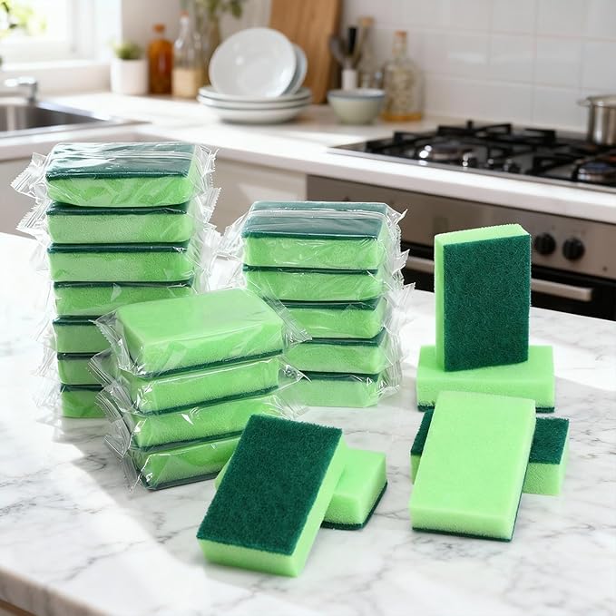Tioncy 100 Pcs Individually Wrapped Sponges Bulk Kitchen Green Non Scratch Scrub Sponges Dual Sided Cleaning Scrubber for Household Washing Dishes Pots Pans Sinks Stoves Appliances Car Bike