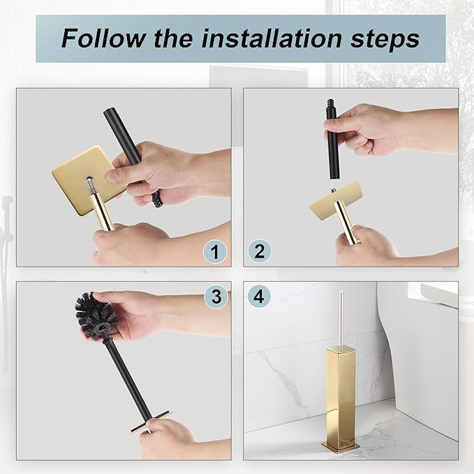 Gold Toilet Brush with Holder 304 Stainless Steel Toilet Bowl Brush Square Bathroom Cleaner Brush