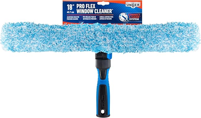 Unger Professional Connect and Clean 18” Proflex 2-in-1 Squeegee and Scrubber High Access Window Cleaning Tool with Pivoting Head Commercial and Residential Use Reusable Microfiber Sleeve