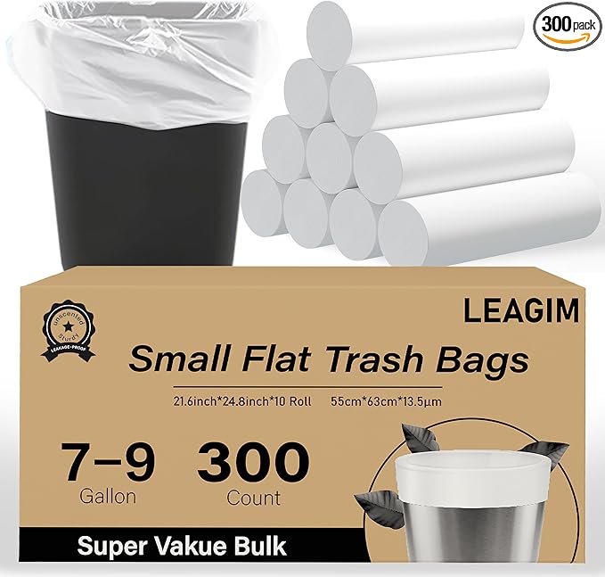 300 Count 7-9 Gallon Trash Bags 13 Micron Extra Thick 8 Gallon Medium Garbage Bags Unscented White Wastebasket Trash Can Liners for Bathroom Kitchen Home Office