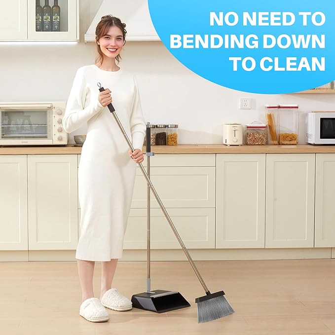 JOYMOOP Black Broom and Dustpan Set Upright Angle Design with Built-in Comb Teeth for Home Office Hardwood Floors Pet Hair