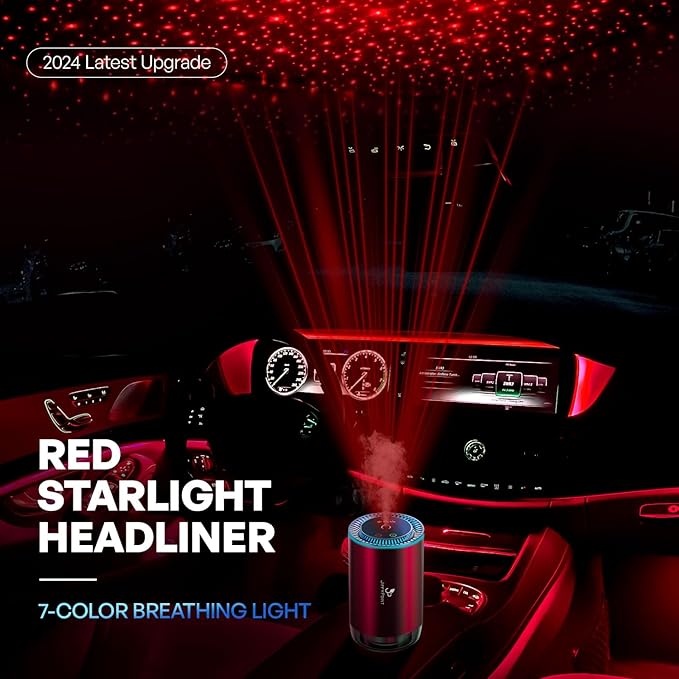 JiffyPiont Smart Car Air Freshener | Car Essential Oil Diffuser with 3 Fragrances (150ML Total) | Auto ON/OFF Car Diffuser | Star Projector | 7-Color Breathing Light | Long Life 450mAh Battery