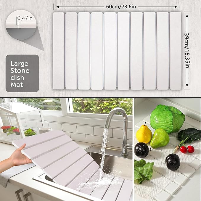 Stone Drying Mat for Kitchen Counter Stone Dish Drying Mat Foldable Super Absorbent Diatomaceous Earth Quick-drying Draining Mat for any Kitchen Countertop (White B 23.6”x15.4”)