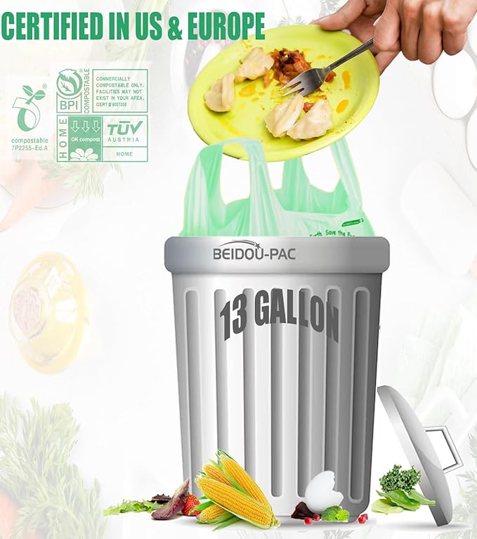Compostable 13 Gallon Trash Bags Tall Kitchen Garbage Bags with Handle Sturdy Biodegradable Compost Bags 100 Count US BPI Certified