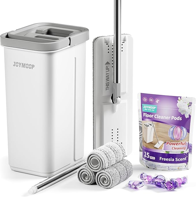 JOYMOOP Mop and Bucket Set with Floor Cleaner PodsFlat Mop and Bucket System with 3 Reusable Microfiber Mop PadsFreesia Scent Mop Soap Pack of 15 for Floor Cleaning