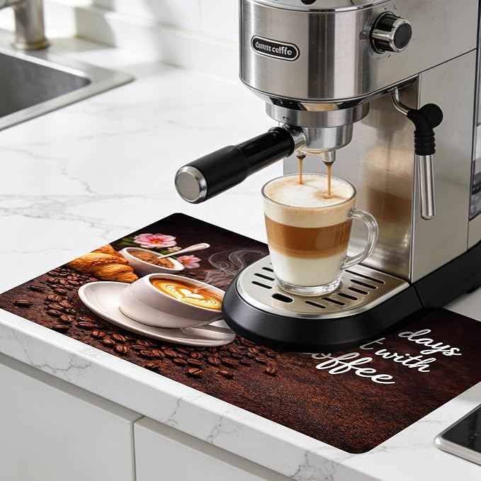 Nuxovilar Coffee Bar Mat Latte Art Scene Pattern Dish Drying Pad Natural Rubber Canvas 16.92 x 31.1 inchs Coffee Accessories Countertop Beverage Station Kitchen