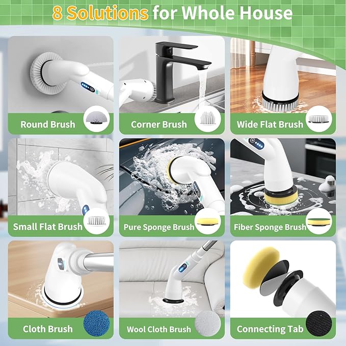 Electric Spin Scrubber - Household Cleaning Brush with 8 Heads 51.2in Extendable Pole Bathroom Scrubber for Stubborn Grease on Grill Stovetop &amp Bathtub 90Min Runtime - Type B