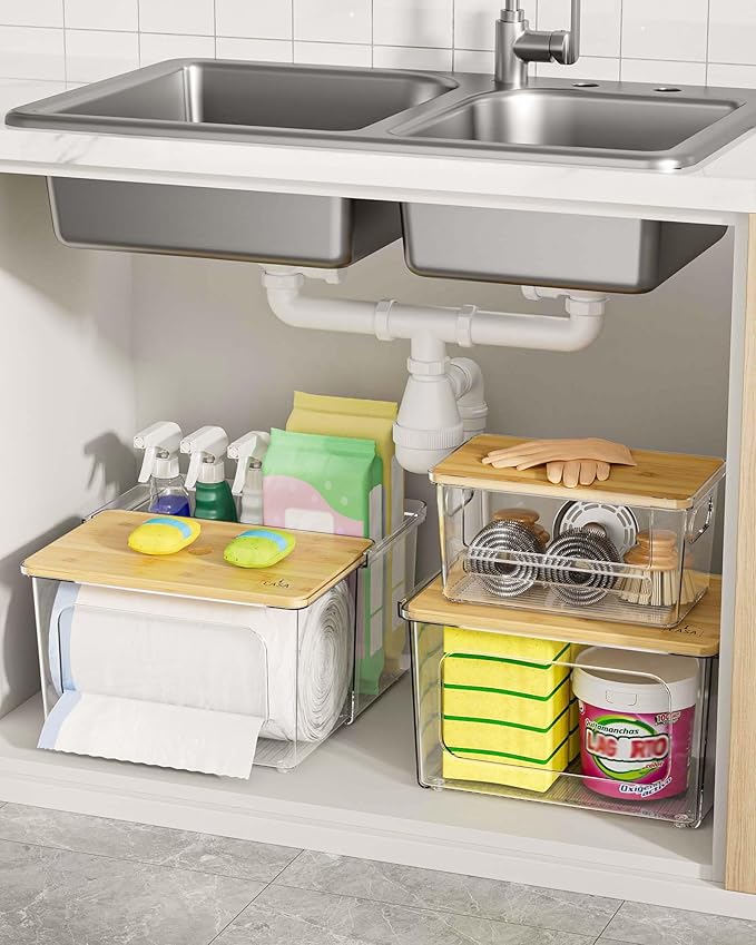Trash Bag Dispenser Holder - 3 in 1 Acrylic Plastic Garbage Bag Pantry Organizer Clear Large Laundry Pods Container with Lid Stackable Under Sink Kitchen Laundry Room Organization and Storage
