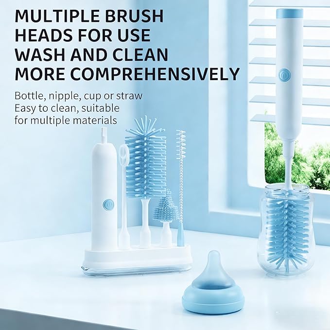Rechargeable Electric Bottle Brush with Stand - 360° Spin Silicone Cleaner for Baby Bottles Breast Pumps &amp Small Household Containers (Sea Blue)