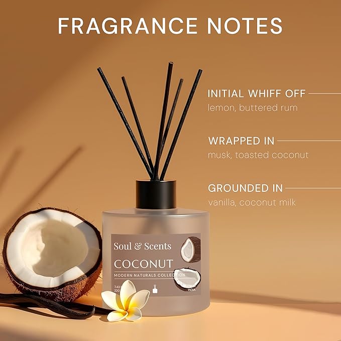 Soul &amp Scents Reed Diffuser Set – Coconut | 7.43 oz Refillable Scented Oil with 6 Fiber Sticks | Long-Lasting Home Fragrance &amp Air Freshener for Bedroom Bathroom Office | Gift &amp Décor Pi