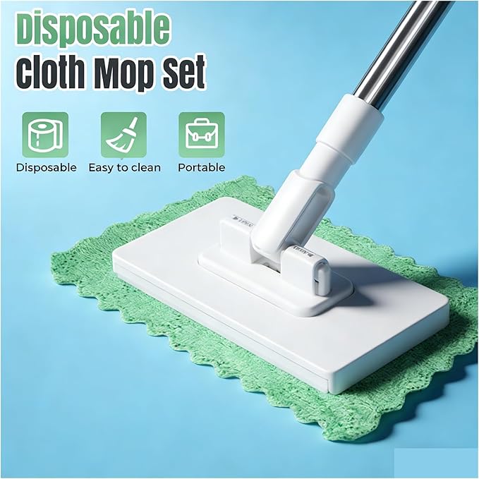 No Wash Mop Disposable Dusty Mop Lazy Mops Disposable Dust Mop with 4 Reusable Cloths Zero Touch Clip Mopping Stick Wet and Dry Click Mops for Floor Cleaning