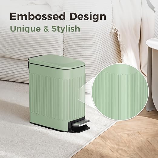 TrashAid Slim Bathroom Trash Can with Lid Soft Close 6 Liter/1.6 Gallon Stainless Steel Small Garbage Can with Removable Inner Bucket Step Pedal Slim Wastebasket for Toilet Office Bedroom Green