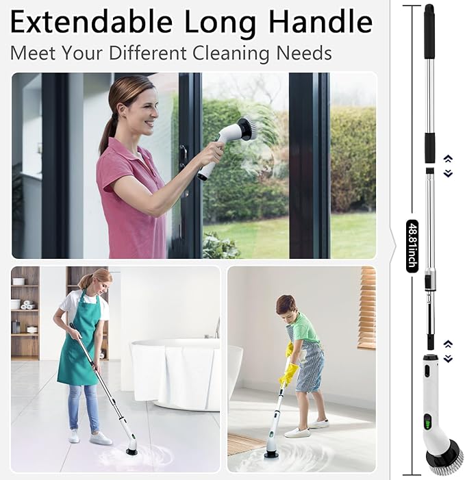 TUYU Electric Spin Scrubber Full-Body IPX7 Waterproof Bathroom Scrubber4 Replacement Head for Adjustable Extension Handle Electric Cleaning Brush for Bathroom Tub Tile