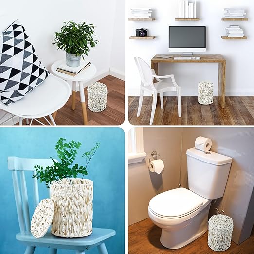 Ctosree 1.3 Gallons Small Trash Can with Lid Handle Boho Woven Braided Bathroom Waste Basket Trash Can with 100 Garbage Bags for Bedroom Office Laundry(Cream WhiteBraided PolypropyleneRound)