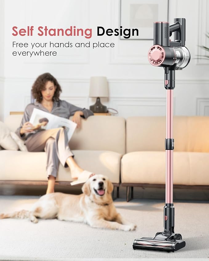Vexilar Cordless Vacuum Cleaner Self-Standing Rechargeable Stick Vacuum Cleaners for Home 35mins Runtime LED Screen 6-in-1 Lightweight Handheld Vacuum for Hard Floor Carpet (Pink)