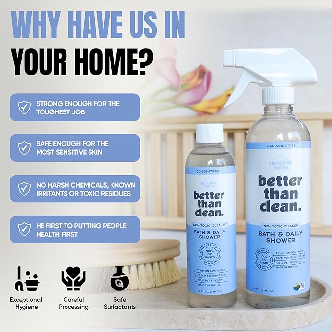 Better Than Clean™ Bath and Shower Cleaner Starter Pack – Fragrance Free Plant-Based Non-Toxic Bathroom Cleaner with 8oz Concentrate &amp 16oz Empty Refillable Spray Bottle