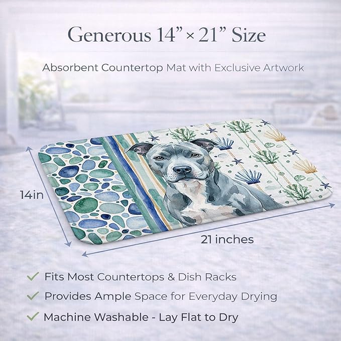 Caroline's Treasures Blue American Staffordshire Terrier Coastal Sea Glass Dish Drying Mat Absorbent Dish Drying Mat Pad for Kitchen Counter Dish Drainer Mat for Countertop 14 x 21 Multicolor