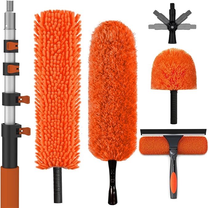 36FT Reach High Ceiling Duster Kit Window Cleaning kit with 7-30FT Extension Pole Fan Duster for Ceiling Fan Blades Microfiber Feather Duster Rotatable Window Squeegee and Cobweb Duster